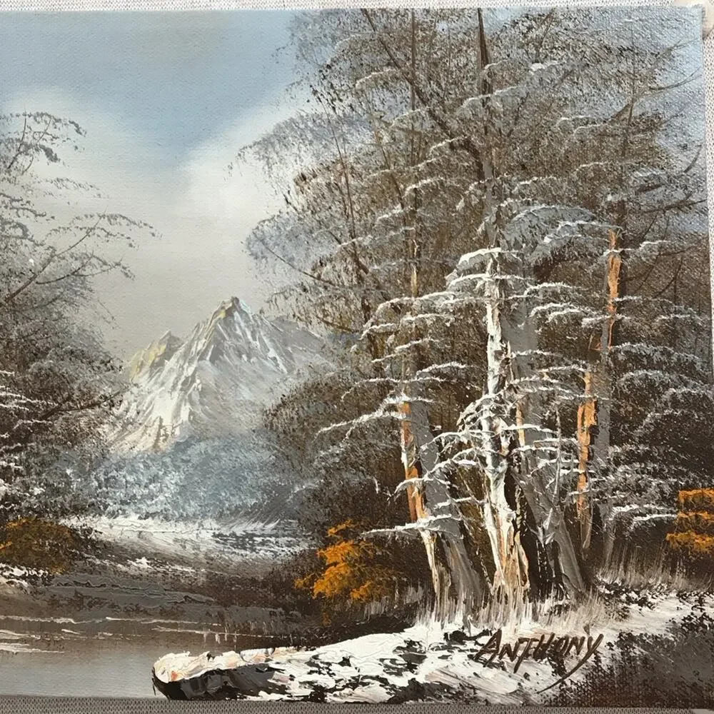 Hand Painted Painting Winter Mountain Snow Landscape Signed Impasto Blue White